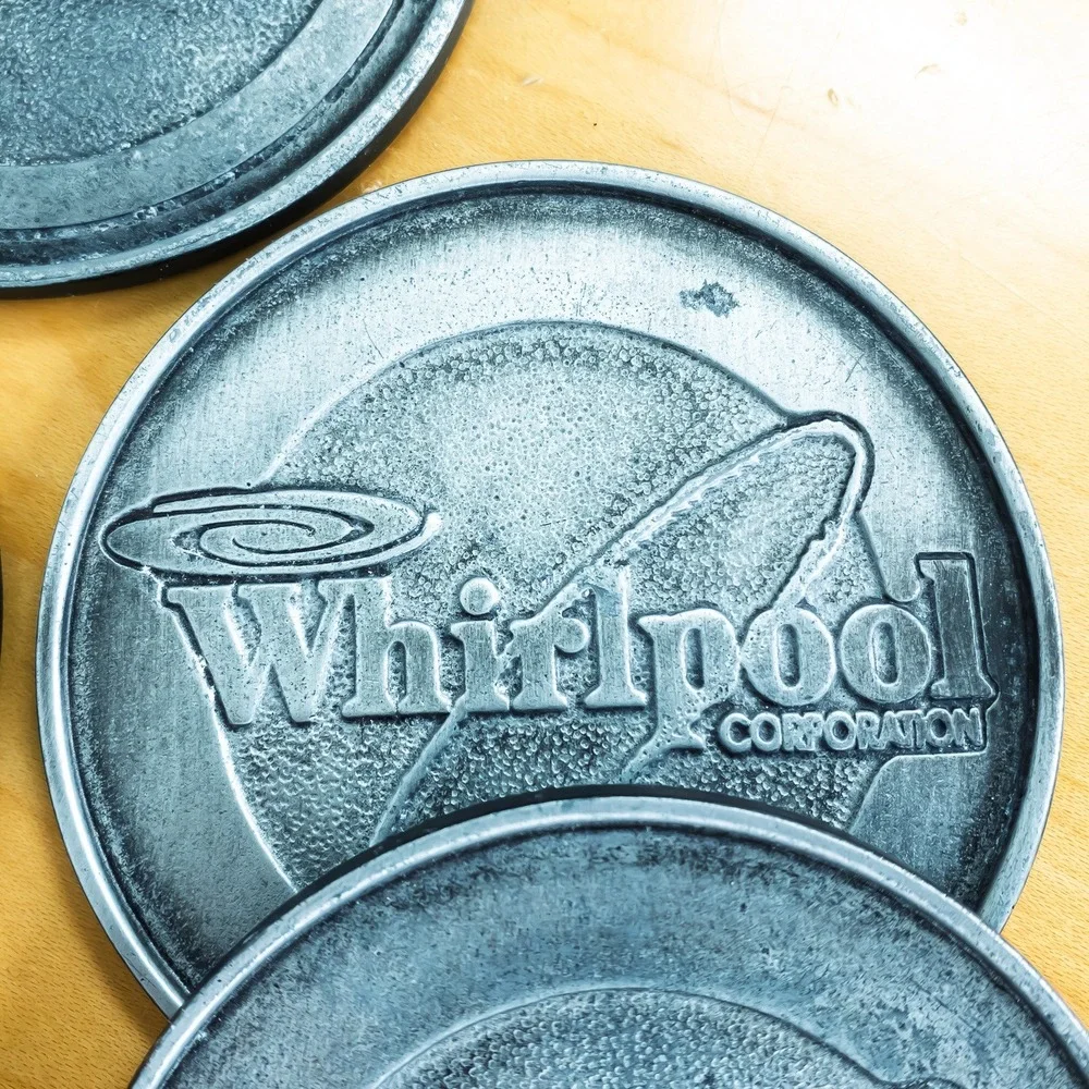 Vintage KitchenAid Whirlpool Corporation Coasters Pewter Metal Keeler Cork
